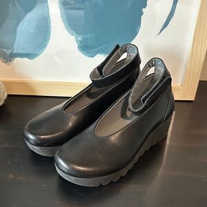 Fly London Black Leather Ankle Strap Platform Wedges